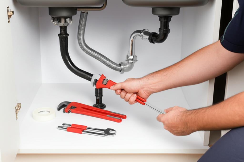 Plumber fixing sink